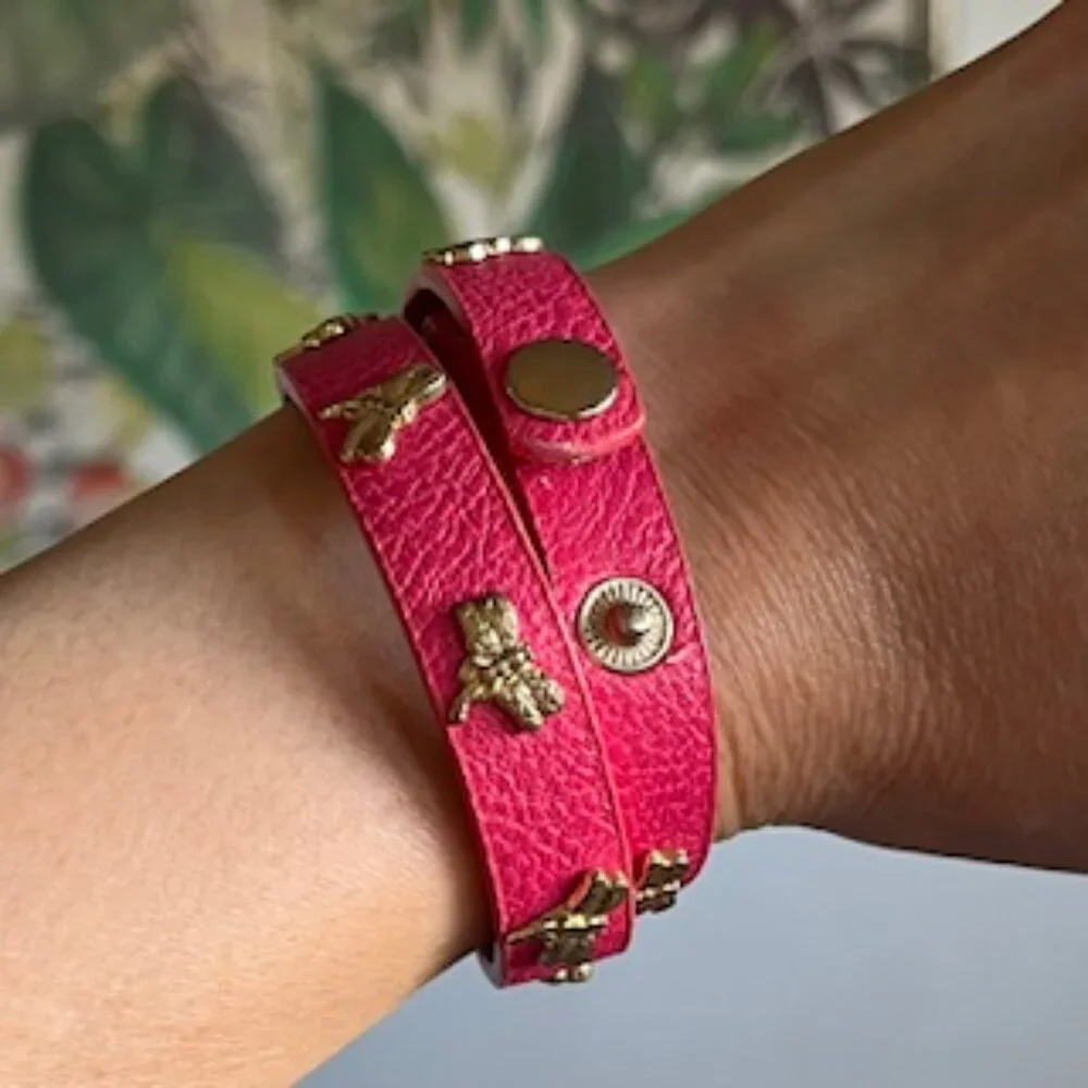 🧡3/15 Red Faux Leather Double Wrap Adjustable Bracelet with Gold Dragonflies